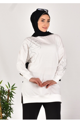 Puane İki İplik Kumaş Taş Desenli Sweatshirt 10592-02 Ekru