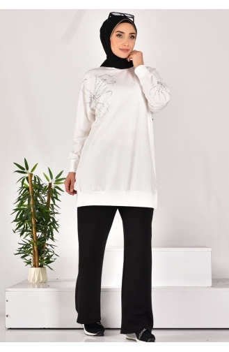 Puane İki İplik Kumaş Taş Desenli Sweatshirt 10592-02 Ekru