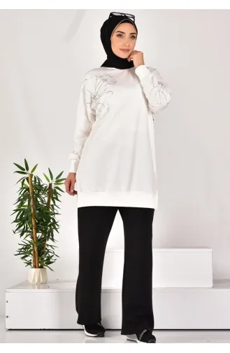 Puane Two Thread Fabric Stone Patterned Sweatshirt 10592-02 Ecru 10592-02