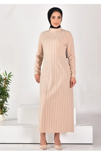 Robe Hijab Rayée Pierre En Tissu Pointe Crêpe 12518-01 Pierre 12518-01