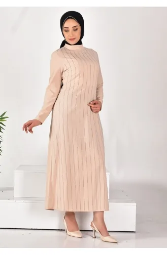 Robe Hijab Rayée Pierre En Tissu Pointe Crêpe 12518-01 Pierre 12518-01
