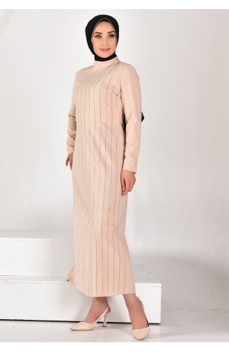 Robe Hijab Rayée Pierre En Tissu Pointe Crêpe 12518-01 Pierre 12518-01