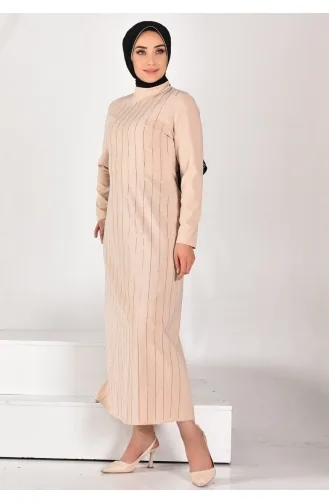 Robe Hijab Rayée Pierre En Tissu Pointe Crêpe 12518-01 Pierre 12518-01