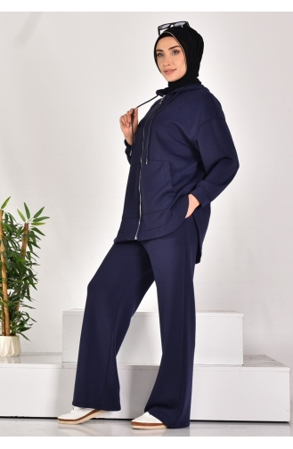 Puane Scuba Fabric Pocket Zippered Two Piece Suit 14278-01 Navy Blue 14278-01