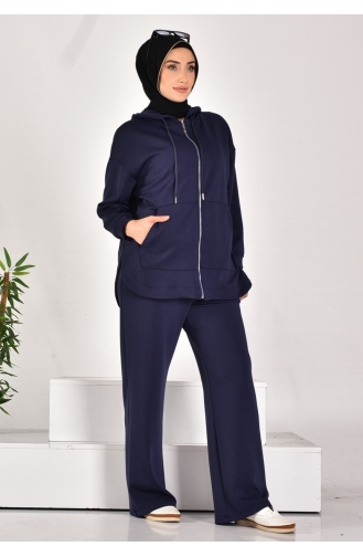 Puane Scuba Fabric Pocket Zippered Two Piece Suit 14278-01 Navy Blue 14278-01