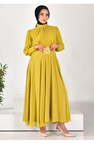 Robe Hijab Plissée En Tissu Mousseline De Soie 12520-03 Vert Huile 12520-03