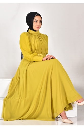 Robe Hijab Plissée En Tissu Mousseline De Soie 12520-03 Vert Huile 12520-03
