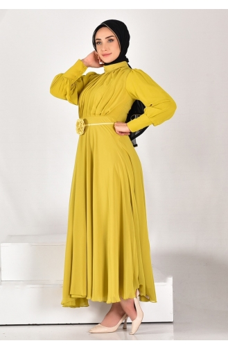 Robe Hijab Plissée En Tissu Mousseline De Soie 12520-03 Vert Huile 12520-03