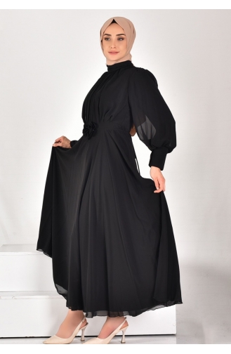 Robe Hijab Plissée En Mousseline De Soie 12520-04 Noir 12520-04