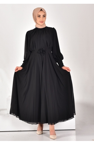 Robe Hijab Plissée En Mousseline De Soie 12520-04 Noir 12520-04