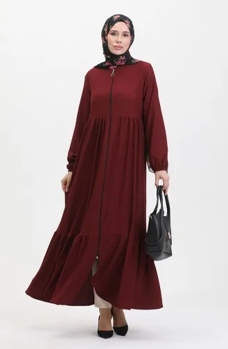 Bürümcük Abaya Met Ritssluiting Stof Verzameld 1018-09 Claret Red 1018-09