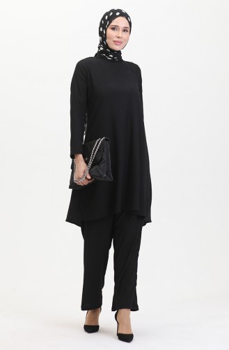 Asymmetrical Cut Tunic Trousers Two Piece Suit 1051-01 Black 1051-01