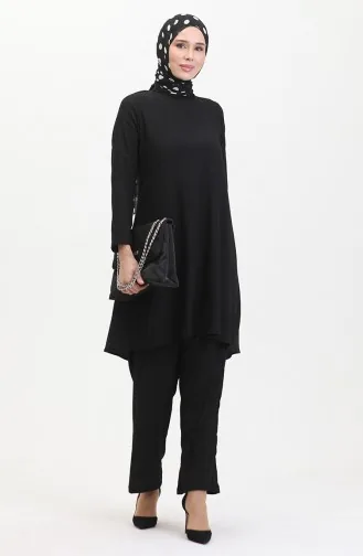 Ensemble Double Pantalon Tunique Coupe Asymétrique 1051-01 Noir 1051-01