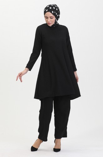 Asymmetrical Cut Tunic Trousers Two Piece Suit 1051-01 Black 1051-01