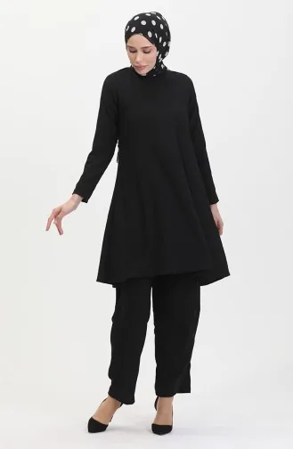 Ensemble Double Pantalon Tunique Coupe Asymétrique 1051-01 Noir 1051-01