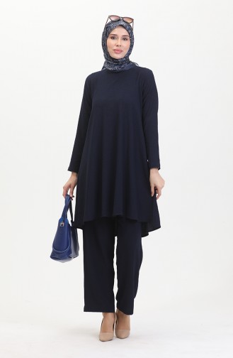 Asymmetrical Cut Tunic Trousers Two Piece Suit 1051-02 Navy Blue 1051-02