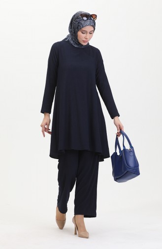 Asymmetrical Cut Tunic Trousers Two Piece Suit 1051-02 Navy Blue 1051-02
