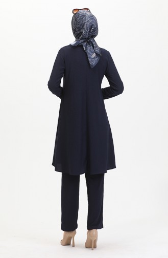 Asymmetrical Cut Tunic Trousers Two Piece Suit 1051-02 Navy Blue 1051-02