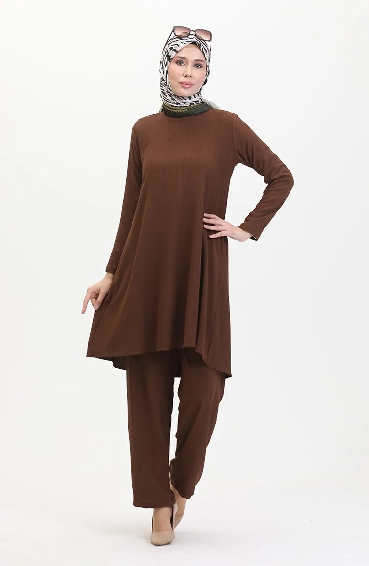 Ensemble Double Pantalon Tunique Coupe Asymétrique 1051-07 Marron 1051-07