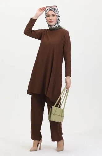 Ensemble Double Pantalon Tunique Coupe Asymétrique 1051-07 Marron 1051-07