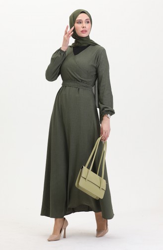 Kleid Aus Bürümcük-Stoff Mit Seitlichem Bindeband 1033-01 Khaki 1033-01