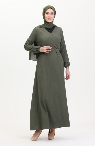 Kleid Aus Bürümcük-Stoff Mit Seitlichem Bindeband 1033-01 Khaki 1033-01