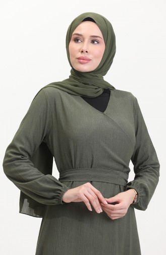 Kleid Aus Bürümcük-Stoff Mit Seitlichem Bindeband 1033-01 Khaki 1033-01