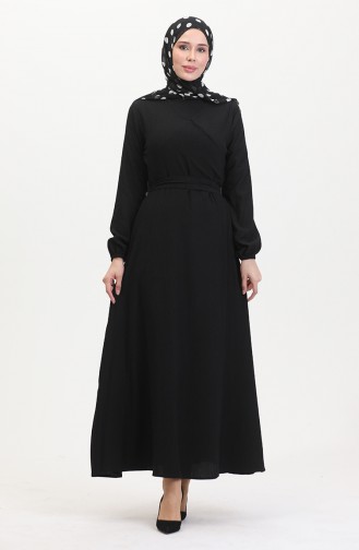Bürümcük Stoffkleid Mit Seitlicher Bindung 1033-02 Schwarz 1033-02