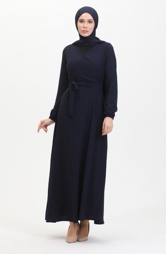 Kleid Aus Bürümcük-Stoff Mit Seitlichem Bindeband 1033-03 Marineblau 1033-03