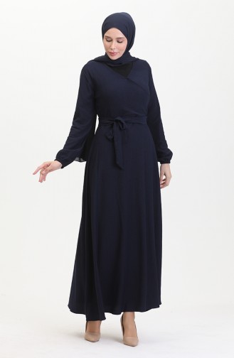 Kleid Aus Bürümcük-Stoff Mit Seitlichem Bindeband 1033-03 Marineblau 1033-03