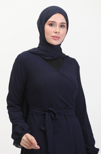 Kleid Aus Bürümcük-Stoff Mit Seitlichem Bindeband 1033-03 Marineblau 1033-03