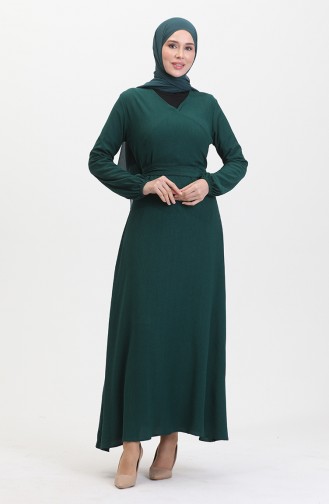 Kleid Aus Bürümcük-Stoff Mit Seitlichem Bindeband 1033-04 Smaragdgrün 1033-04