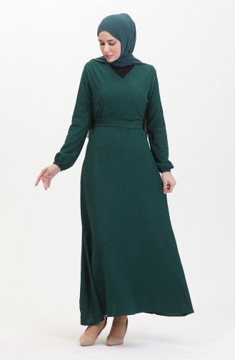 Kleid Aus Bürümcük-Stoff Mit Seitlichem Bindeband 1033-04 Smaragdgrün 1033-04