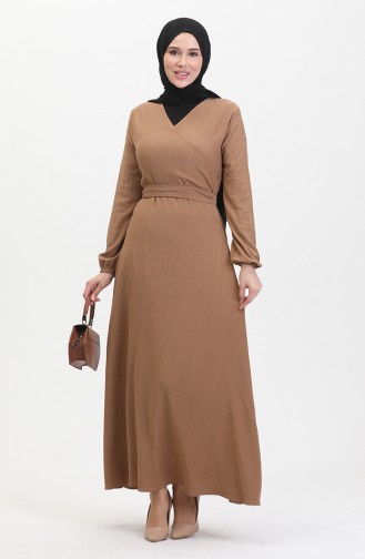 Bürümcük Stoffkleid Mit Seitlichem Bindeband 1033-05 Milchkaffee 1033-05