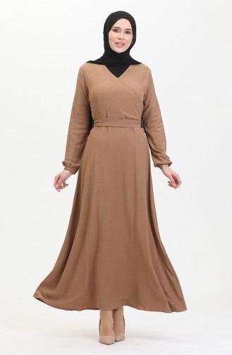Bürümcük Stoffkleid Mit Seitlichem Bindeband 1033-05 Milchkaffee 1033-05