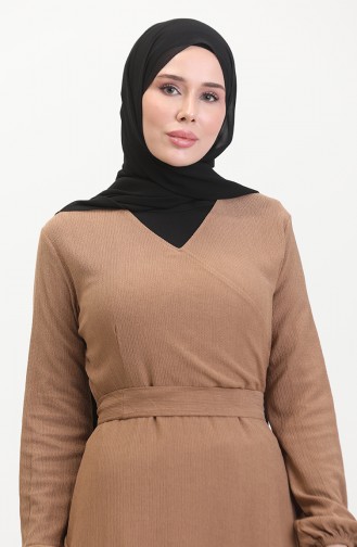 Bürümcük Stoffkleid Mit Seitlichem Bindeband 1033-05 Milchkaffee 1033-05