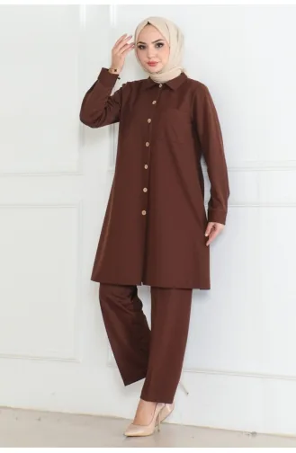 Lues Pocket Detailed Shirt Suit 108-02 Brown 108-02