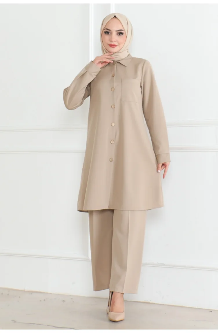 Lues Costume Chemise Détaillée Avec Poche 108-04 Beige 108-04