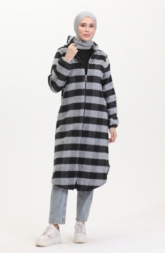 Manteau A Capuche A Motifs Carreaux 7273-02 Gris 7273-02
