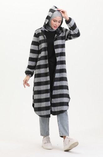 Manteau A Capuche A Motifs Carreaux 7273-02 Gris 7273-02