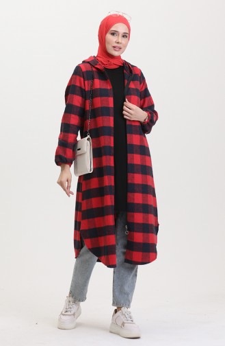 Manteau A Capuche A Motifs Carreaux 7273-03 Rouge Claret 7273-03