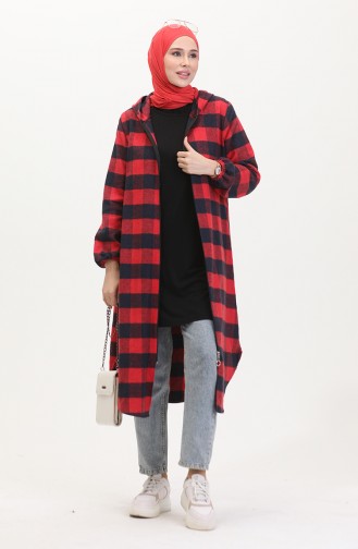 Manteau A Capuche A Motifs Carreaux 7273-03 Rouge Claret 7273-03