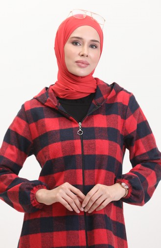 Manteau A Capuche A Motifs Carreaux 7273-03 Rouge Claret 7273-03