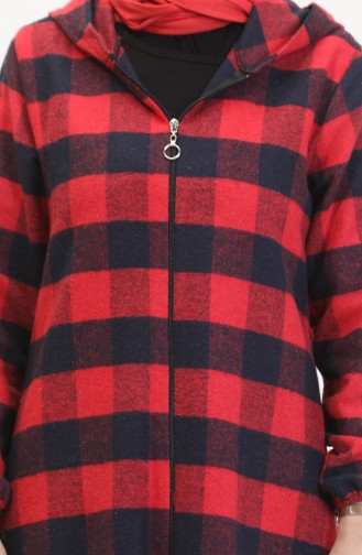 Manteau A Capuche A Motifs Carreaux 7273-03 Rouge Claret 7273-03