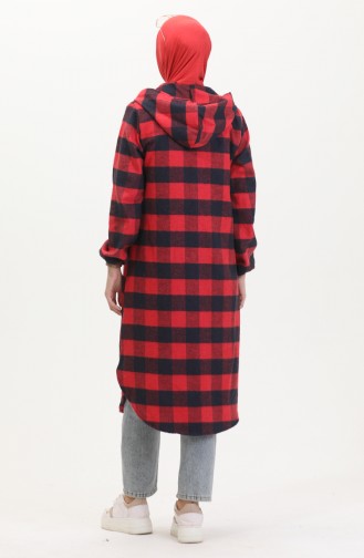 Manteau A Capuche A Motifs Carreaux 7273-03 Rouge Claret 7273-03