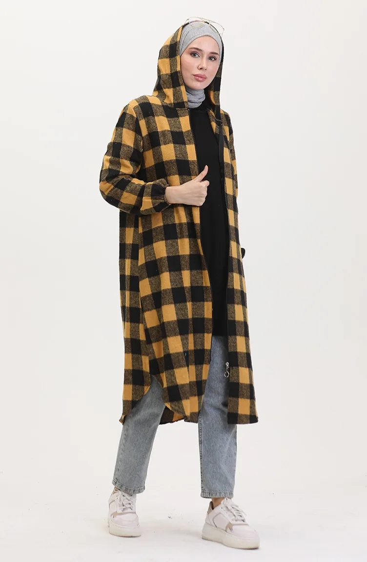Plaid Patterned Hooded Cape 7273-05 Mustard 7273-05