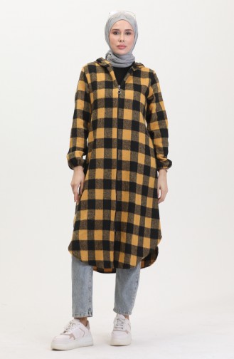 Manteau A Capuche A Motifs Carreaux 7273-05 Moutarde 7273-05