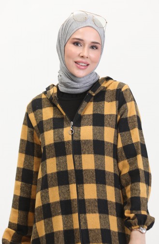 Manteau A Capuche A Motifs Carreaux 7273-05 Moutarde 7273-05