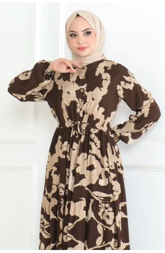 Mina Desenli Elbise 7120-01 Kahverengi