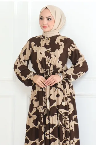 Mina Desenli Elbise 7120-01 Kahverengi